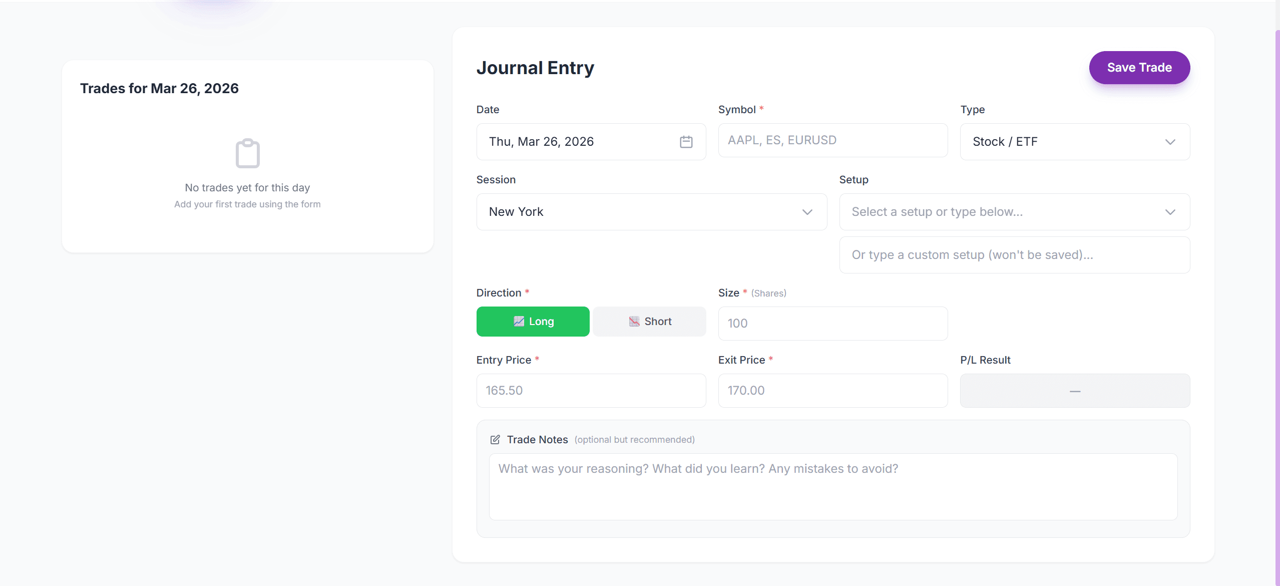 Traider journal entry form